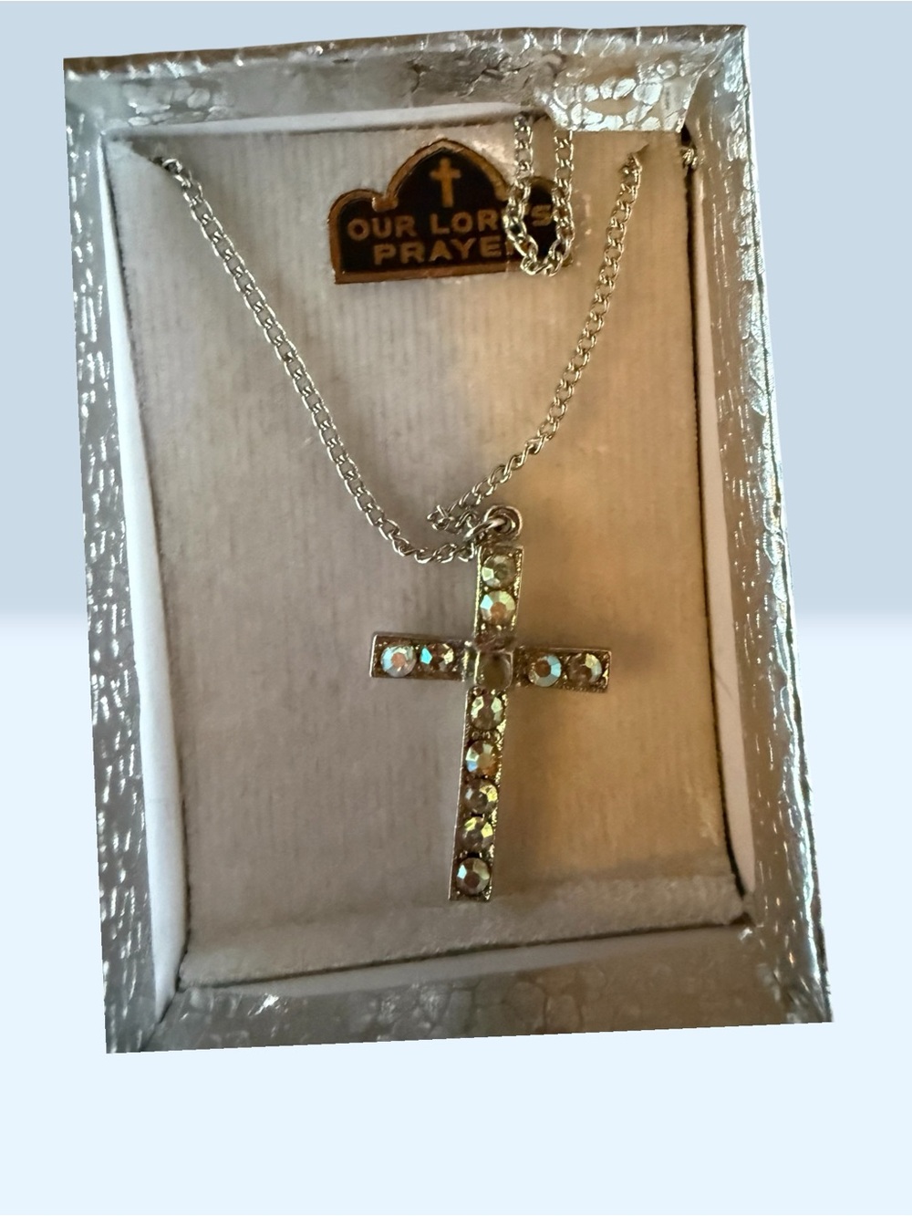 Vintage Silvertone Cross Necklace with Iridescent Stones